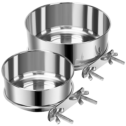 2 Pcs Small Pet Dog Food Water Bowl for Cage Stainless Steel Non-Spill Kennel Hanging Cats Pets Bowls with Clamp Holder Crate Feeder Dish for Small Dogs Pets (4.7×1.9” & 3.9×1.7”)