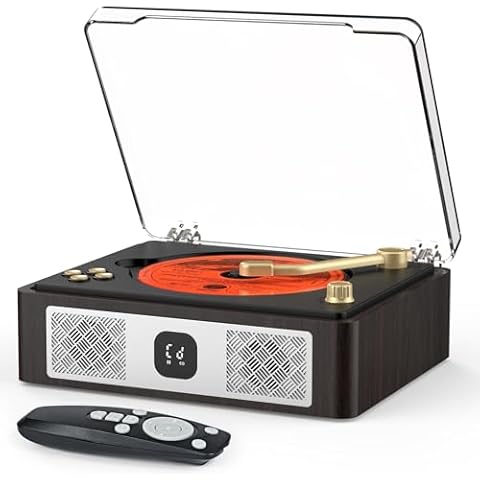 CD Player with Built-in Speakers Bluetooth Input&Output Portable CD Players for Home Music Nostalgic CDs Player with Remote Control Headphone Jack Walnut Brown with Display Screen Cover