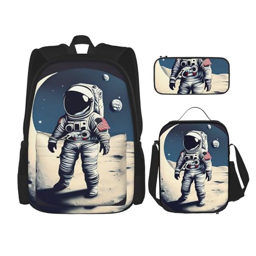 LONGZEHAO 3Pcs Versatile Adjustable Large Capacity Astronaut on The Moon Print Backpack Lunch Box and Pencil Case