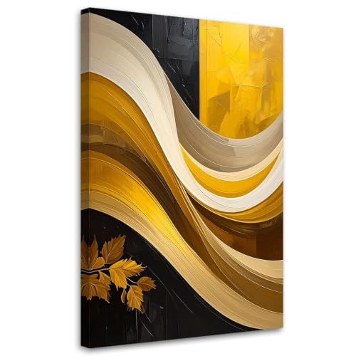 Cuadro abstracto de hojas de otoño en oro y negro para decorar paredes de salones modernos