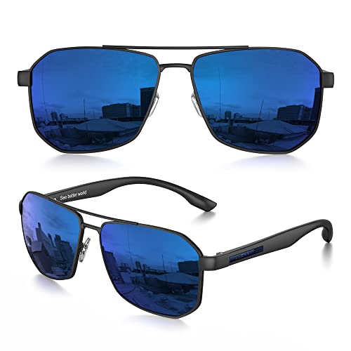 Luenx Aviator Sunglasses For Men Square Polarized Polygon Lens - Uv 400 Protection With Accessories(Mirror Dark Blue Lens) #TOP12