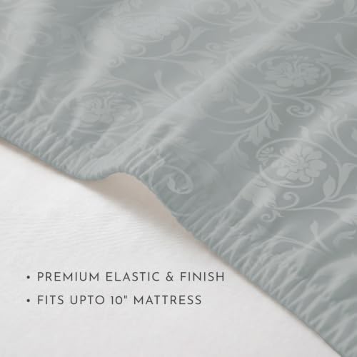 Image of Blue Dahlia 100% Cotton, King Size /Double, Elastic Fitted Bedsheet (72 inchx78 inch) + 2 Pillow Covers,Fits Upto 10 inch Mattress, 300TC Premium Bedsheet, Bold Floral Jacquard Pattern - Light Grey