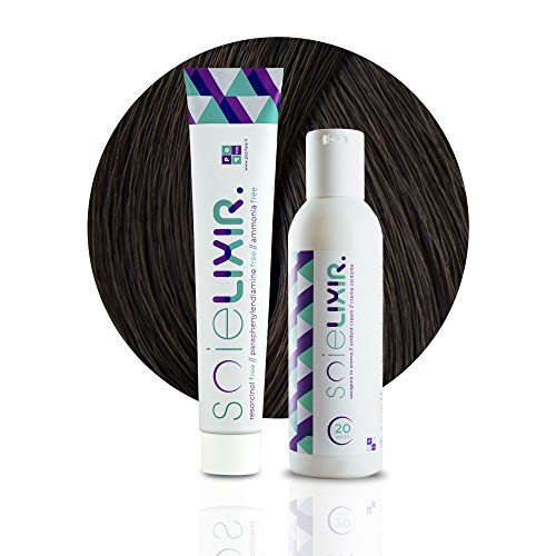 Soielixir - Tinte permanente para el cabello en crema sin resorcina, parafenilendiammina y amoniaco, 93 colores - 100 ml - Pack tinte + Oxígeno 10 vol. - 4/8 castaño claro avellano) Cover