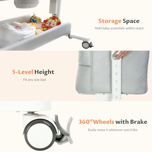 سرير هزاز للاطفال من فافاسو، سرير كهربائي اوتوماتيكي بـ3 حركات لجانب السرير، سرير قابل للدوران التلقائي لحديثي الولادة، 5 ارتفاعات قابلة للتعديل مع موسيقى وعجلات للتخزين، رمادي وابيض