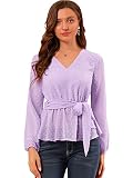 Allegra K Damen Laterne Ärmel V Neck Bindegürtel Schweizer Punkte Chiffon Peplum Top Bluse Lavendel L
