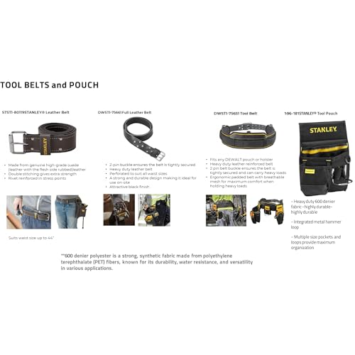 STANLEY Leather Tool Belt Pouch, Double Pocket Storage Organiser, Hammer Loop, 1-96-181