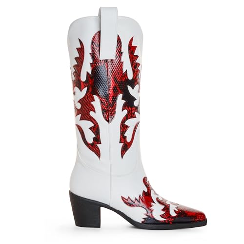 Image of ANN CREEK Women's 'Claremont' Sexy Cowboy Boots Mid Calf Knee-high Patchwork Dressy Cowgirl Western Woman Chunky Heel Pointed Toe Trendy Knee High Tall Boots