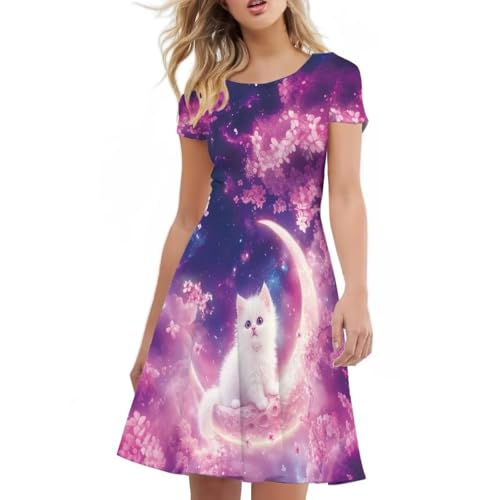 Image of HUGS IDEA Womens Puffy Swing Midi Dress Round Neck Short Sleeve Party A-Line Dresses