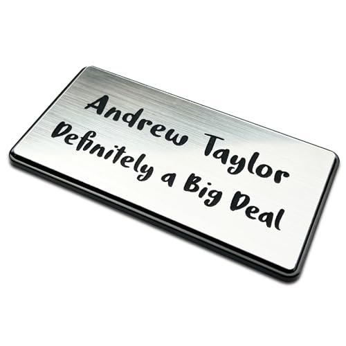 Custom Engraved Name Tag ID Badges Personalized Identification with Pin or Magnetic Clip Adhesive Backing Silver/Black text, 1.5