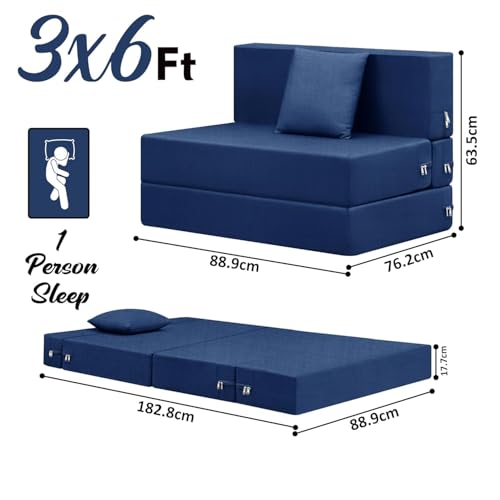Image of Rosebell Single Seater Foldable Sofa Cum Bed (3x6 Feet) Jute Fabric, Washable Removable Cover, Includes 1 Cushion | Space Saving Convertible Sofa Bed for Home, Office & Guests - Blue