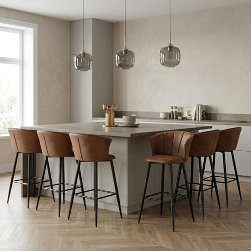MEUBLE COSY Zestaw 6 stołków barowych i kuchennych, wysokość 72 cm, z oparciem i podnóżkiem, tapicerowane zamszową skórą, do blatu, jadalni i stołka barowego, kolor brązowy