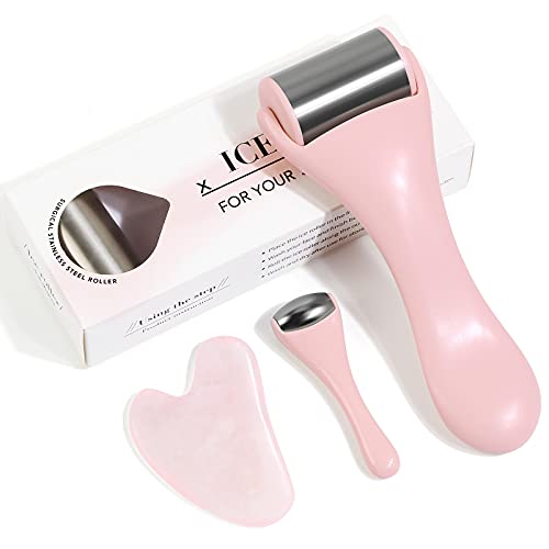 Ice Roller & Scraping Massage Tool 3 Pcs, Stainless Steel Face Roller and Eye Roller Skin Care for Puffiness, Body Muscle Relaxing, Relieve Fine Lines and Wrinkles