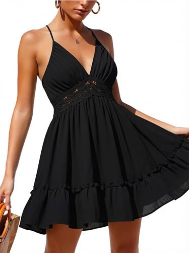 Image of ECOWISH Summer Dresses for Women 2026 V-Neck Spaghetti Strap Bowknot Backless Sleeveless Lace Mini Swing Skater Dress