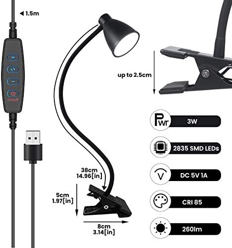 DoRight Dimmable LED Reading Lamp Clamp, 3W Eye Protection LED Clip On Desk Lamp with USB, 3 Color & 9 Brightness Flexible Table Light for Office Beside Table, Book Lights, Bedroom, Headboard (1-Pack)