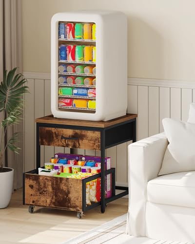 CHOEZON Mini Fridge Stand with Storage, Mini Fridge Organizer with Fabric Drawer, Beverage Refrigerator Table, with Mobile Basket Cart, for Dorm, Apartment, Office, Rustic Brown and Black DTBZ55BF