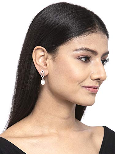 Image of CLARA 925 Sterling Silver Pearl Earrings | Rhodium Plated, Swiss Zirconia, Screw Back | Gift for Women & Girls