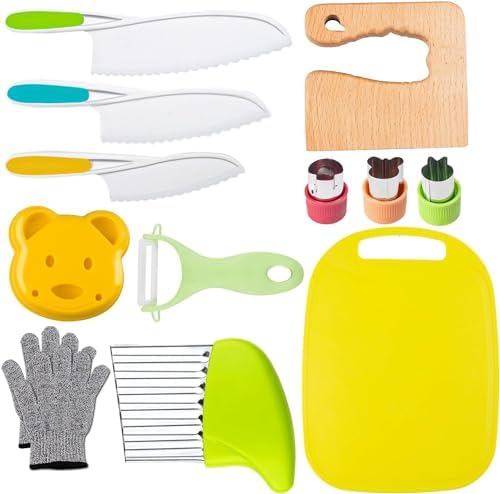 Leking 13 Pcs Wooden Kids Kitchen Knife, Kids Knife Set with Gloves Cutting Board Bear Sandwich Cutter Fruit Vegetable Cutters Serrated Edges Plastic Knifes for Real Cooking Kid Safe Knives