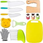 Leking 13 Pcs Couteau de cuisine pour enfants en bois, Couteaux pour enfants avec Gants Conseil de coupe d'ours Sandwich Cutter Fruit Cutters légumes Bords déraillés Couteux en plastique pour la vraie cuisine Coutumes sécuritaires pour enfants