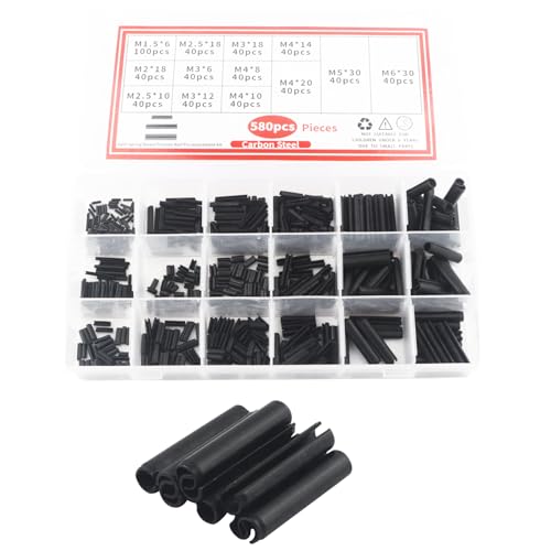 GIVIHGETI Lot de 580 goupilles de serrage creuses en acier au manganèse - Tailles M1,5 M2 M2,5 M3 M4 M5 M6 - Noir - Avec boîte de rangement