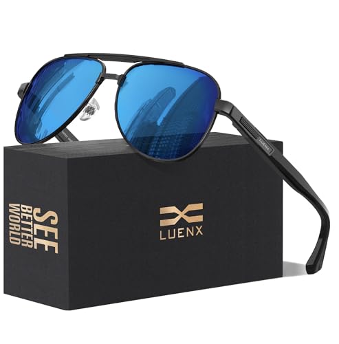 LUENX Sunglasses for Men Women Polarized Shades Driving UV 400 Protection Fashion 60mm -Mirror Blue Lens Black Metal Frame