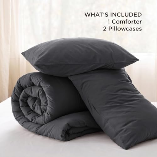 Image of Bedsure PureWoven Cotton Comforter Set Prewashed, King, Charcoal Grey | Cotton Fabric, Microfiber Inner Fill, Soft, Breathable, Natural Wrinkle, 1 Comforter(104 inch X 90 inch), 2 Pillow Shams(20 inchx26 inch)