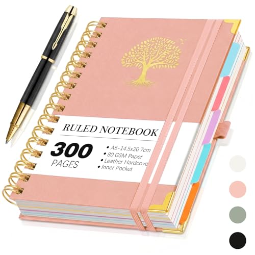 Spardar Hardcover Notebook 300 Pages with 5 Removable PVC Dividers and Metal Pen Spiral Bound Perfect for Work Home and School Notes (Pink)