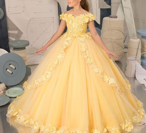 Off Shoulder Flower Girl Dresses Tulle Pageant Dress Girls 3D Floral Princess Ball Gown First Communion Dress3