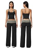 2 Piece Workout Sets for Women Striped Halter Tank Tops Matching Fold Over Wide Straight Leg Yoga Pants...