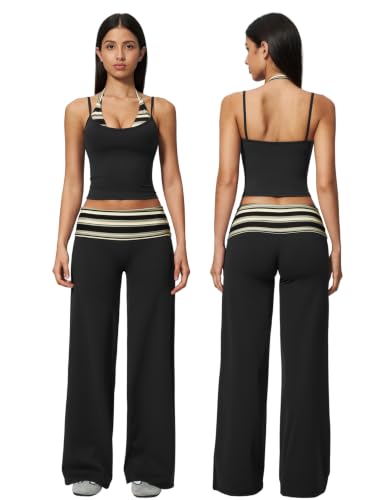 Two Piece Workout Sets for Women Striped Halter Tank Tops