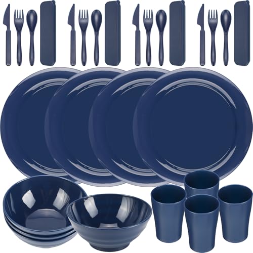Set de vajilla Tioncy 29 piezas para camping, 4 personas, incluye platos, tazones, vasos y cubiertos reutilizables de plástico irrompible con bolsa de cordón para viaje, picnic y exteriores, apto para lavavajillas