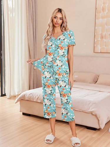 Image of Ekouaer Women's Pajama Sets Short Sleeve Sleepwear Button Up Pj Loungewear Top and Capri Pants with Pockets