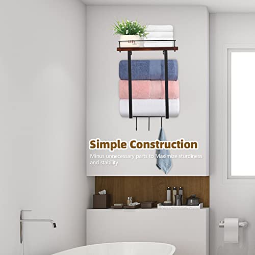 Towel Rack Wall Mounted For Bathroom Decor, Metal Towel Holders With Wooden Shelf And 3 Hooks, For Large Rolled Towels, Hand Towels, Washcloths, Towel Storage, For Rv, Small Bathroom Organizer #TOP1