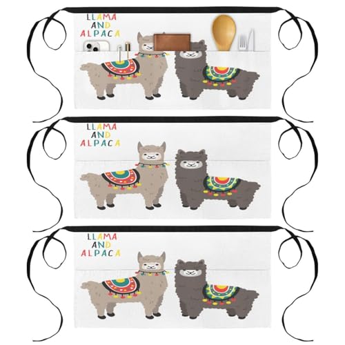 Lot de 3 tabliers courts de chef avec 3 poches imprimé lama multicolore