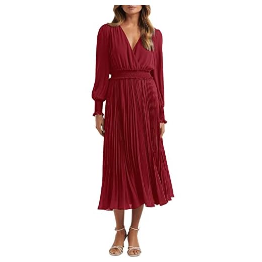 PRETTYGARDEN Womens Wrap V Neck Dresses for Wedding Guest Casual Pleated Long Sleeve Midi Dress Ruffle Smocked Long Dress (Wine Red,Large)