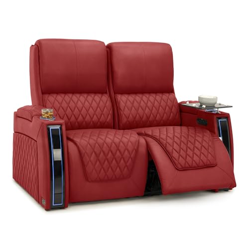 Image of Seatcraft Apex Red Italian Leather Home Theater Seating, Zero Gravity Power Recliner Chair, Powered Headrest and Lumbar Gaming and Lounge Sofa Furniture for Cinema Room, Row of 2 Loveseats