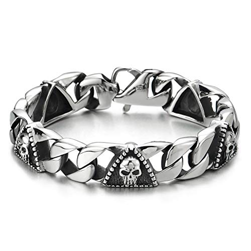 COOLSTEELANDBEYOND Mens Steel Curb Chain Bracelet with Skull and Dotted Triangle Charms, Biker Gothic, Vintage Polished