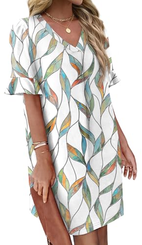 Image of OFEEFAN Summer Dresses for Women Ruffle Short Sleeve V Neck Casual Shift Dress with Pockets