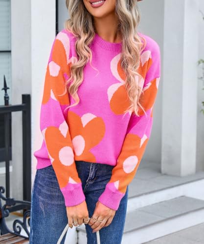 Image of Sumleno Womens Cute Color Block Flower Pattern Sweaters Crewneck Pullover Tops Kawaii Aesthetic Fall Winter Knitwear
