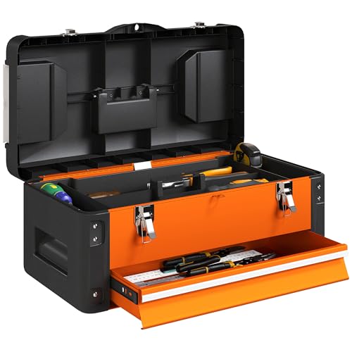 HOMCOM Werkzeugkoffer leer, robust Werkzeugkasten mit Schublade Fächer Tragegriff, Werkzeugkiste Werkzeugbox für Werkzeuge Haushalt Werkstatt Orange