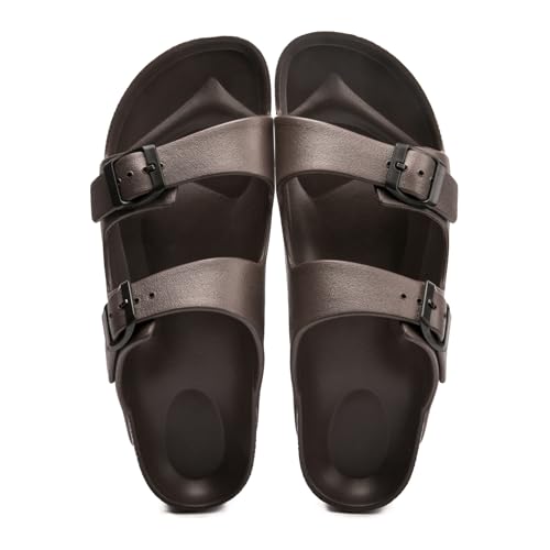 FUNKYMONKEY Women's Comfort Slides, Adjustable Double Buckle with Arch Support EVA Non-Slip Flat Sandals for Vacation & Daily Wear (8 M US/Women, Dark Brown)