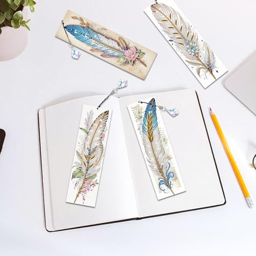 Image of 4-Piece 5D Diamond Painting Bookmarks Set, DIY Craft Kit with Rhinestones - Elegant Vintage Style Feather Design, Perfect for Book Lovers Adults, Unique Diamond Art Craft Bookmarks with Tassels