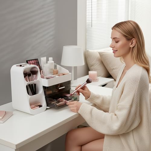 Rangement cosmétique blanc au design épuré et compartiments à 2 niveaux - 7