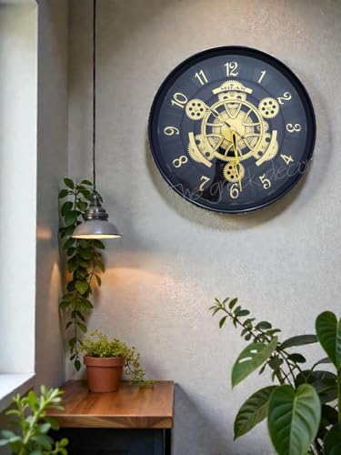Image of Time Sync Designer Wall Clock with Moving Gear Mechanism | Gold Finish | 15.5 Inch Diameter | Silent Sweep Noiseless Technology | Clock for Living Room, Hall, Home Decor, Hotels & Bungalows