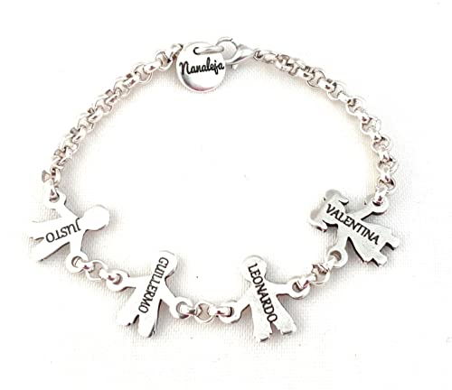 Nanaleja - Pulsera con niños grabados - Pulsera con nombres de niños grabados - Bañado todo en plata - Regalo para mamá - pulsera para las madres (Con 4 niños/as)