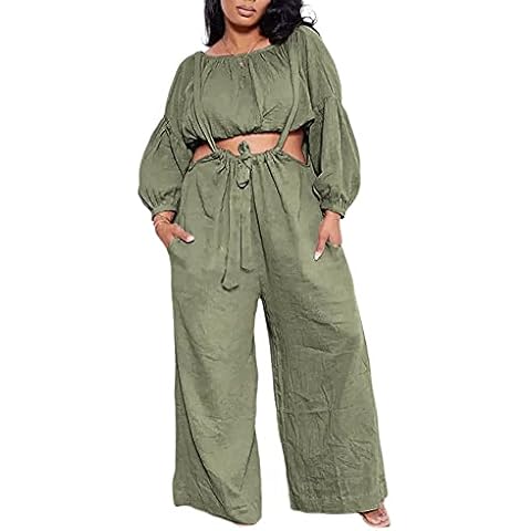 xxxiticat Women's Ruched Cotton Two Piece Outfit Pleated Cropped Shirt Lace Up Suspender Wide Leg Pants Co-ords Sets, Army Green, XL Cover