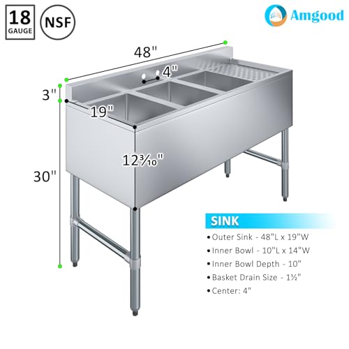 Image of AmGood 48 in. x 18-3 /4 in. Three Compartment Under Bar Sink with Right Drainboard. 48 in. x 18-3 /4 in. x 30 in. with 3 in. Backsplash, 10 in. x 14 in. x 10 in. Bowls. NSF