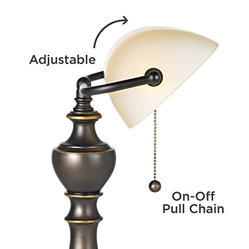 Regency Hill Haddington Traditional Piano Banker Table Lamp 16" High Antique Bronze Dark Brown Metal Alabaster Glass Shade Decor For Bedroom House Bedside Nightstand Home Office Reading #TOP6