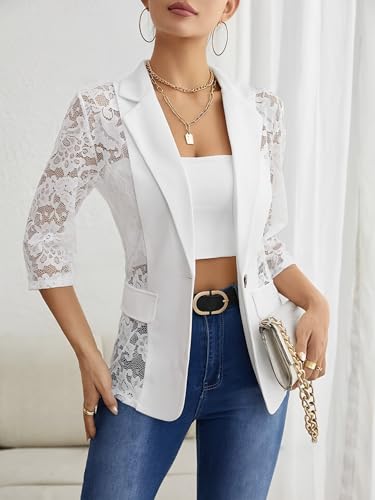 Women's Blazer Lace Mesh Crushed Cardigan Jacket 3/4 Long Sleeve Patchwork Blazer2