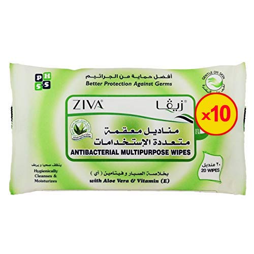 ZivaZiva Antibacterial Multipurpose Wipes, Pack Of 10 X 20 Sheets, (200 Wipes)