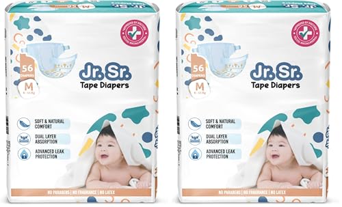 Image of Jr. Sr. Baby Tape Style Diaper | Adjustable Fit for Babies | Medium (M) Size (6-11 kg), 56 Count | Pack of 2 | Upto 12 hr Absorption with Advanced Leak Protection | Soft & Comfy